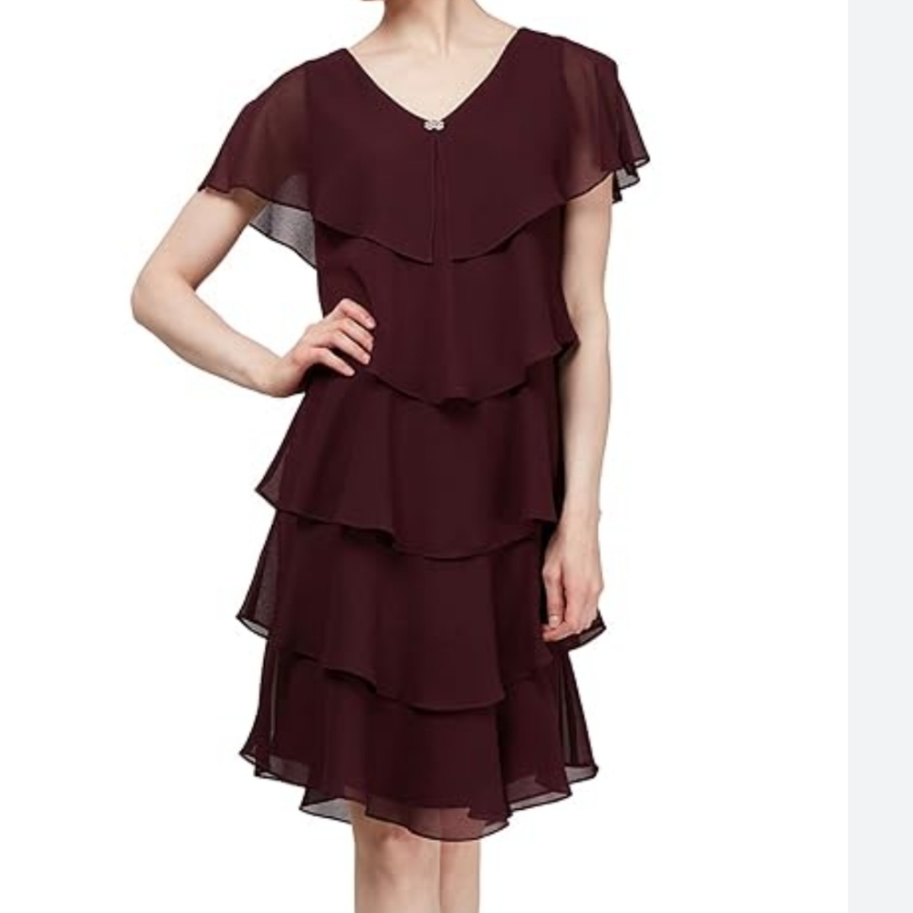 S.L. Fashions sheer tiered caplet overlay dress w/rhinestone accent Sz 10 Wine